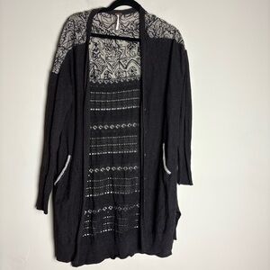 Free People Black Grey Quincy Yarn Back to You Long Sleeve Cardigan Sz Medium